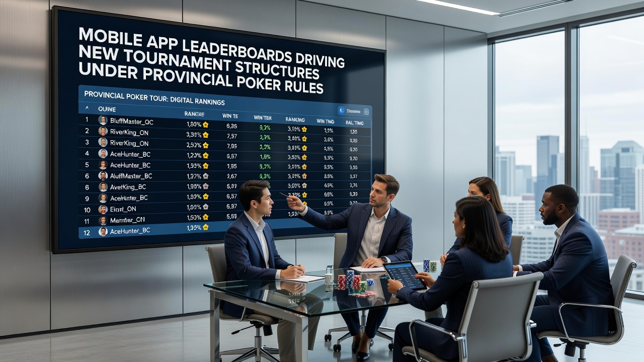 Players reviewing tournament bracket updates on mobile devices under varying provincial poker guidelines