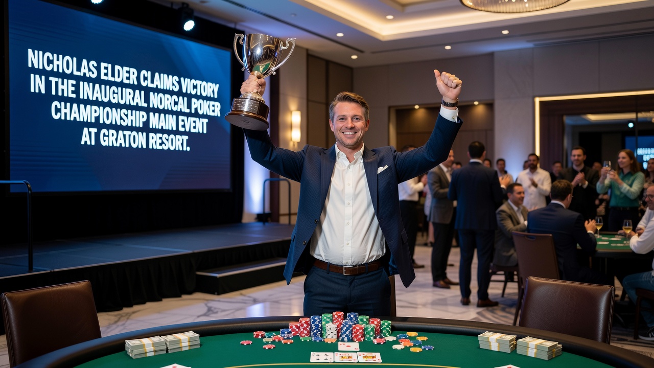 Final table scene from a regional poker championship with players gathered around felt